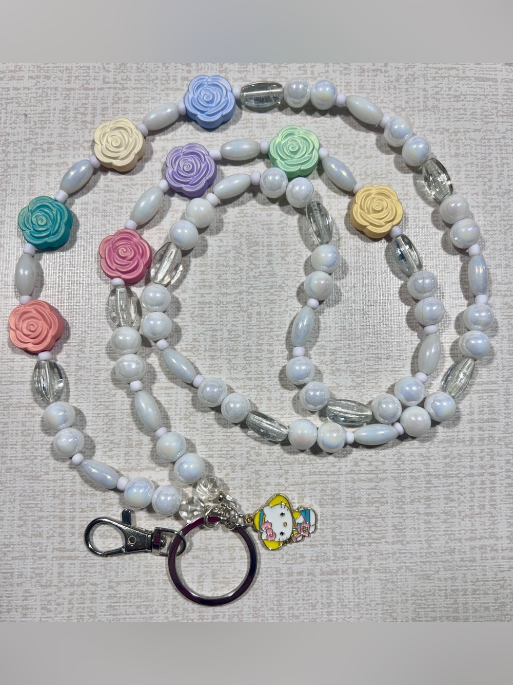 White Beaded Kids Lanyard with Pastel Flower Accents